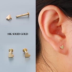 14K Solid Gold Heart Labret Stud, 16gauge 8mm Internally Threaded Tiny Heart Earring, Dainty Cartilage/Helix/Conch/Nose Stud, Valentine Gift