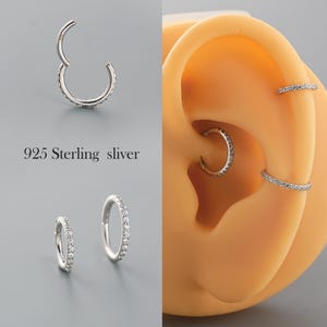 16G/18G/20G Paved CZ Hoop, 925 Sterling Silver – Hinged Clicker Nose Ring, Cartilage, Septum, Conch, Daith, Rook Piercing, Tiny Hoop Earring