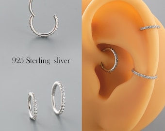 16G/18G/20G Paved CZ Hoop, 925 Sterling Silber - Klappbarer Clicker-Nasenring, Knorpel, Septum, Conch, Daith, Turm-Piercing, kleiner Ohrring