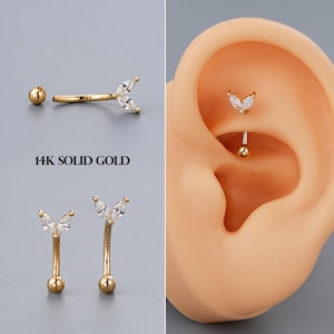 14K Solid Gold 16Gauge Rook Barbell, Eyebrow Barbell, Vertical Labret/Cartilage Earring, Curved Eyebrow Jewelry/Rook Piercing/Curved barbell
