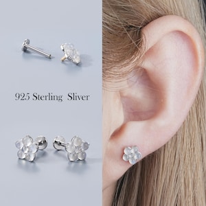 925 Sterling Silver Moonstone Flower Earring, 16G 8mm Internally Threaded Earring, Flat Back Stud, Nickel-Free Moonstone Jewelry, 1pc