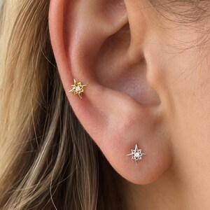 Starburst Helix Earring, 16G 6mm 925 Silver Flat Back Stud, Celestial Star Cartilage Piercing, Dainty Ear Stack