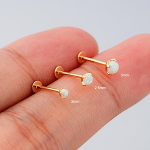 14K Solid Gold Opal Stud Earring – Natural Opal Push Pin, Tragus, Helix, Conch Push Back Earring, Tiny Nose Stud– Micro Threadless End, Gift