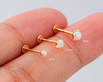 14K Solid Gold Opal Ohrstecker - Natürlicher Opal Pin, Tragus, Helix, Conch Push Back Ohrring, winziger Nasenstecker - Micro Threadless End, Geschenk