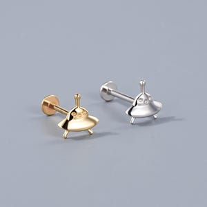14K Gold Spaceship Threadless Push Pin Labret Stud, UFO Shape Tragus/Cartilage/Conch/Helix/Rook Earrings, Tiny White Gold Flat Back Stud
