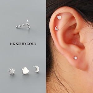 Brinco de pino sem rosca em ouro maciço 14K 16G 18G 20G, formato de coração/estrela/lua, piercing labret com alfinete de pressão, pino de ouro pequeno, hélice/concha/tragus, com parte traseira plana