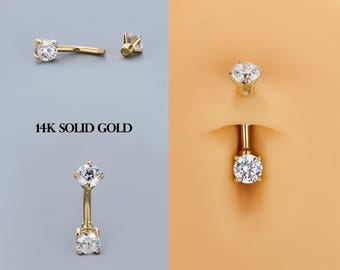 14K Solid White Gold CZ Belly Button Ring 14G 10mm | Screw-On Navel Piercing Jewelry | Prong Set Gem Belly Ring | Elegant Gift