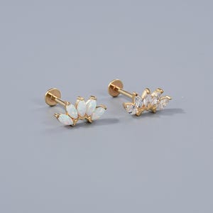 14K Gold Crown Opal & CZ Threadless End Solid Gold Push Pin Stud Cartilage Helix Tragus Conch Rook Daith Earlobe Earrings Flat Back Labret