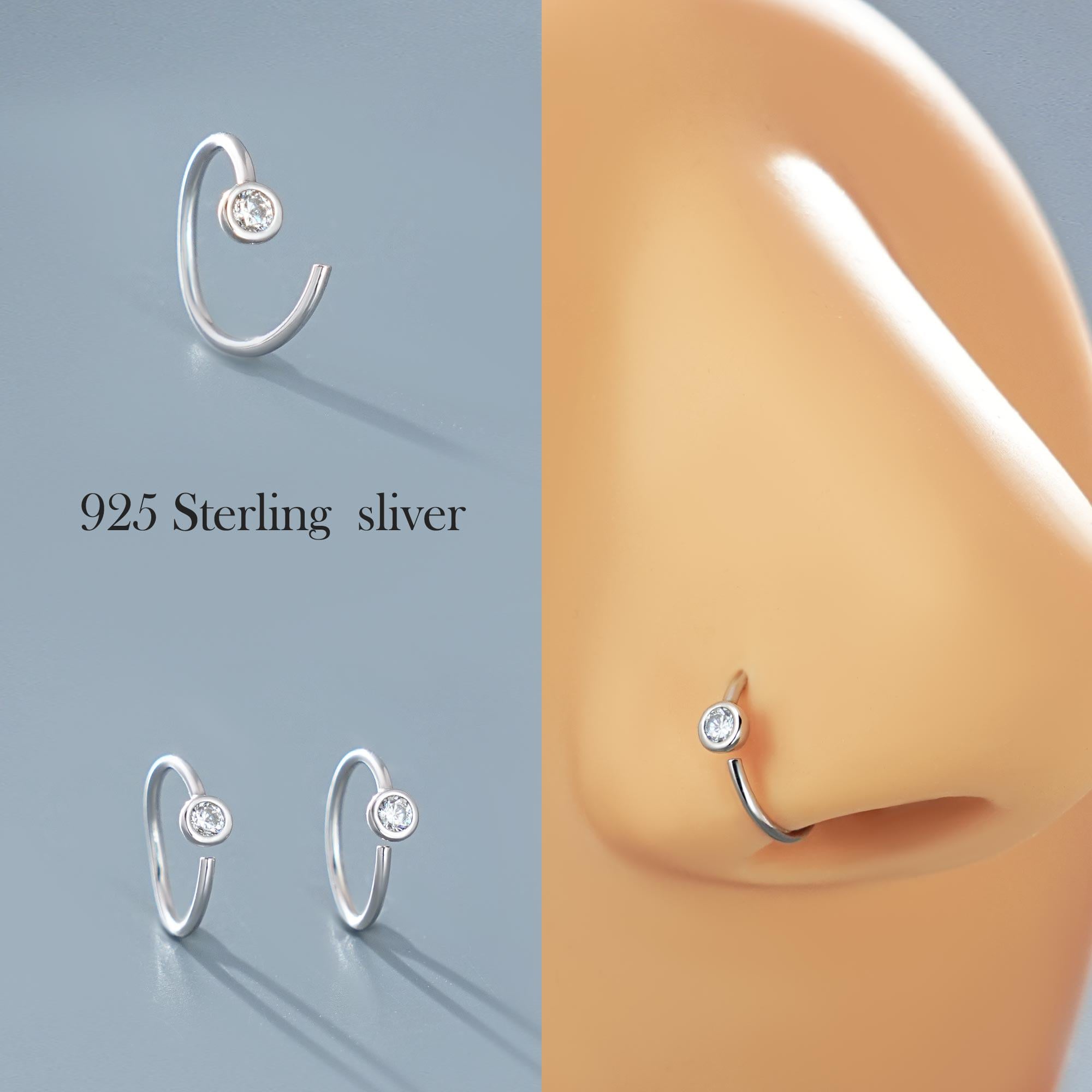 Piercing al naso a forma di stella in argento Sterling 925 - 20G 8 mm, aperto, con zirconi incastonati, senza nichel, regalo, 1 pezzo