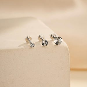 925 Sterling Silver Flat Back Earring, 16G 6mm Cartilage Stud, 2mm 3mm 4mm Sunburst Disc, Minimalist Helix Jewelry