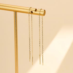 A Pair 14K Solid Gold Ear Threader Earrings, Minimalist Dainty Ear Chain, Elegant Classic Everyday Jewelry, Lightweight, Gift for Her