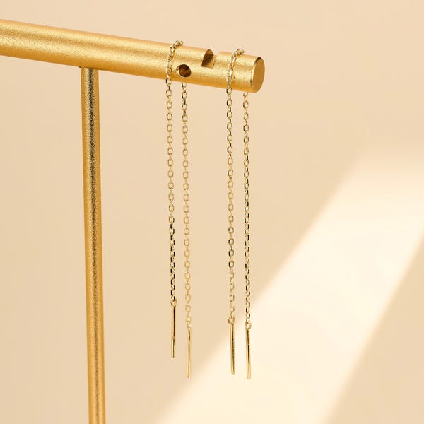 A Pair 14K Solid Gold Ear Threader Earrings, Minimalist Dainty Ear Chain, Elegant Classic Everyday Jewelry, Lightweight, Gift for Her