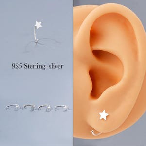 20G Minimalist Open Hoop Earring in 925 Sterling Silver, Simple Star & Moon End Earring Set, Silver Round Ear Wires, Lobe/Cartilage Ear Wire