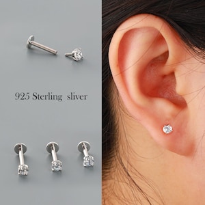 925 Sterling Silver Internally Threaded Labret Stud – 16G (6/8/10mm) | 3mm Prong-Set Zircon Screw Back Earring | Minimalist Conch/Helix Stud