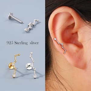 925 Sterling Silver Cartilage Stud | Internally Threaded Helix/Conch Earring | 16g 6mm/8mm Flat Back | Unisex Constellation Piercing Jewelry