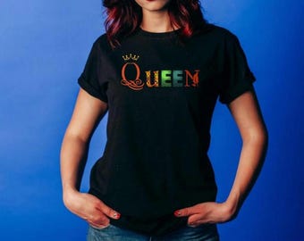 Kente Print Queen Crown T-Shirt: Black Cotton Graphic Tee