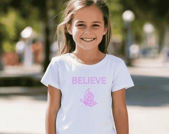 Girls Butterfly Believe T-Shirt: Inspirational Graphic Tee
