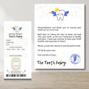 Lettre de fée des dents avec reçu de fée des dents, accessoire de fée des dents, bleu fée des dents imprimable, certificat de première dent, téléchargement immédiat
