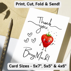 Dziękuję Berry Much Appreciation Card Wydrukuj sztukę ścienną Truskawkowa karta z podziękowaniami Natychmiastowe pobranie