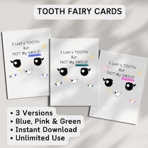 Lot de cartes fée des dents, cartes de dent, accessoire fée des dents, cadeau fée des dents imprimable téléchargement immédiat en bleu, rose et vert
