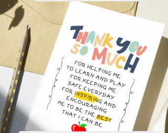 Thank You So Much - Printable End of School Teacher Thank You and Appreciation Card - Instant Download