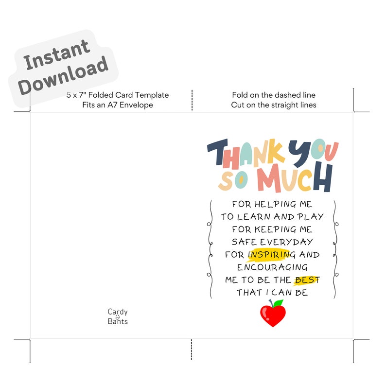 Daycare Teacher Appreciation Printable End of School Teacher Thank You ...