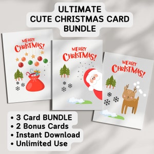 Pacote de cartões fofos de Feliz Natal, cartões de Natal, download instantâneo para impressão com uso pessoal ilimitado