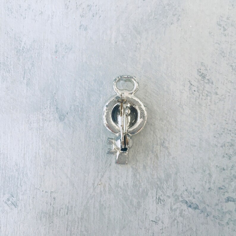 Small Vintage Pin Round Key Shape White Rhinestones in Silver Toned Setting from 1970/'s