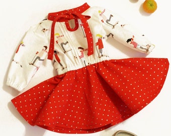 18 Inch Doll Clothes, Dress, Scooter Dress with Red Skirt and Neck Tie, Longsleeves