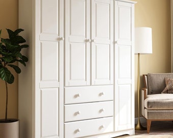 Renewable, environmentally friendly wood, solid wood family wardrobe closet armoire with clothes rods.