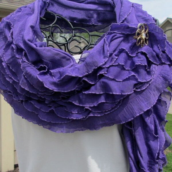 Hand crafted purple ruffled silky fabric shawl, wrap, stole, pashmina, summer accessory