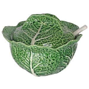 Vintage Bordallo Pinheiro grüne Majolika Cabbage Leaf große Deckelschüssel Terrine mit Kelle