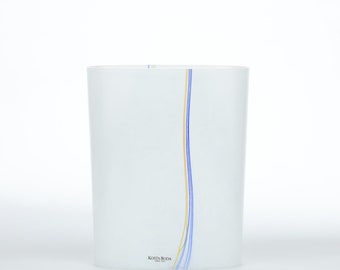 Kosta Boda (Sweden) "Rainbow 48226" small white vase with colourful threads designed by Bertil Vallien