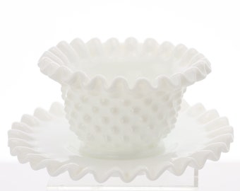 Fenton (USA) hobnail milk glass white crimped rim mayo bowl and underplate 1960's