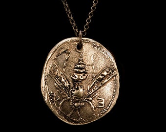 GREEK BEE NECKLACE, medallion necklace, gold bee necklace, thin coin necklace, greek coin necklace, small bee necklace, ancient bee necklace