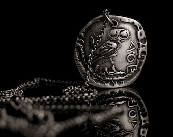 Sterling Silver Greek Owl Coin Necklace, Athena Tetradrachm Recreation