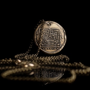Bronze MEDALLION LABYRINTH NECKLACE, labyrinth jewelry, maze necklace, greek labyrinth, Meditation Necklace, ancient coin necklace