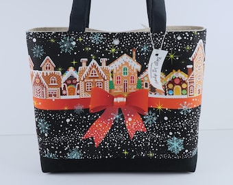 Gingerbread Lane Shoulder Bag Purse with pockets Holiday Christmas Village tote handbag