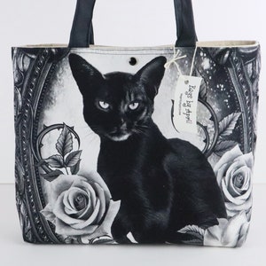 Spooky Black Cat and Roses Shoulder Bag Purse Halloween Handbag Goth tote