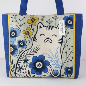 Calico Kitty Cat Soulder Bag Purse Blue Wildflowers Flowers tote bag