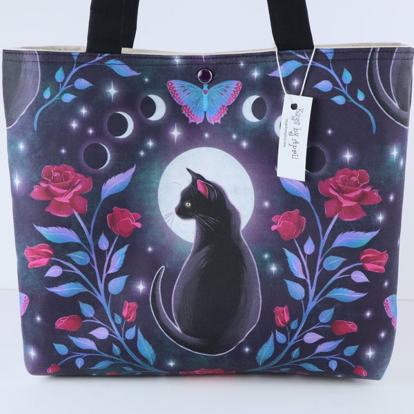 Moon Gazing Black Cat Shoulder Bag Purse handbag Night Rose Garden Floral tote