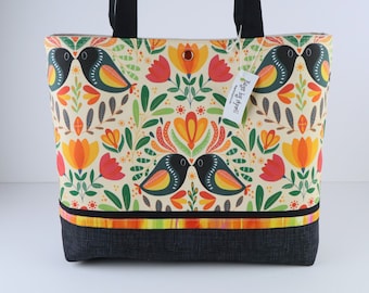 Cockatiel Shoulder Bag Purse Folk Art Flowers Handbag Spring Summer Tote