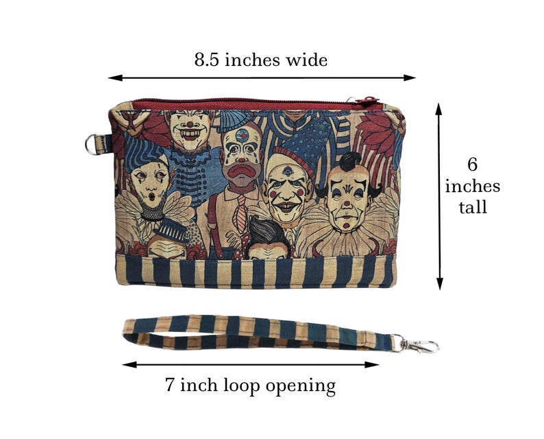 May include: A zippered clutch with a clown-themed pattern, measuring 8.5 inches wide and 6 inches tall. The wrist loop is 7 inches. The fabric features a repeating pattern of vintage-style clown faces in shades of red, blue, and beige.