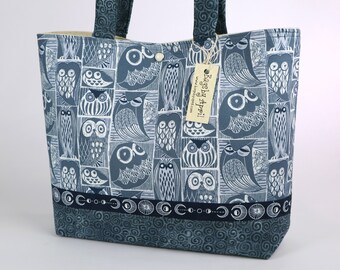 Owls and Moon Phases fabric handbag Bird purse Feathers tote bag