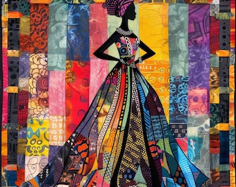 May include: A textile wall hanging featuring a silhouette of a person wearing a voluminous gown constructed from a patchwork of multicolored fabrics with diverse patterns, set against a background of vertical fabric strips in vibrant hues.