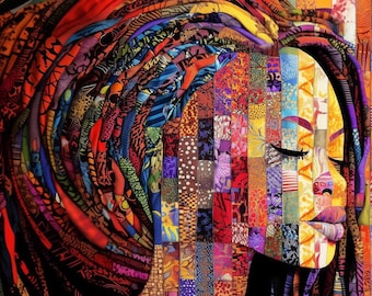May include: A vibrant wall art piece depicting a profile of a face composed of vertical fabric strips in a multitude of colors and patterns. The hair is represented by swirling, layered fabric textures in red, blue, yellow, and purple hues.