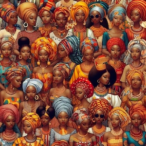 May include: A vibrant digital illustration featuring a large group of individuals wearing diverse, colorful headwraps and intricate gold-toned jewelry. The figures are depicted with varied skin tones and expressions, showcasing detailed patterns and textures.
