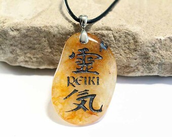 Reiki - Life Energy - Citrine Engraved Stone Jewelry Pendant