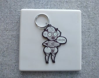 May include: A black and white robot keychain with a speech bubble that says "DAYM."