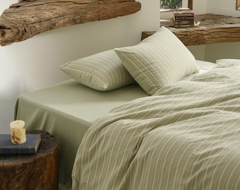 Green Striped Cotton Duvet Cover Set: Queen/Full Bedding (4PS)